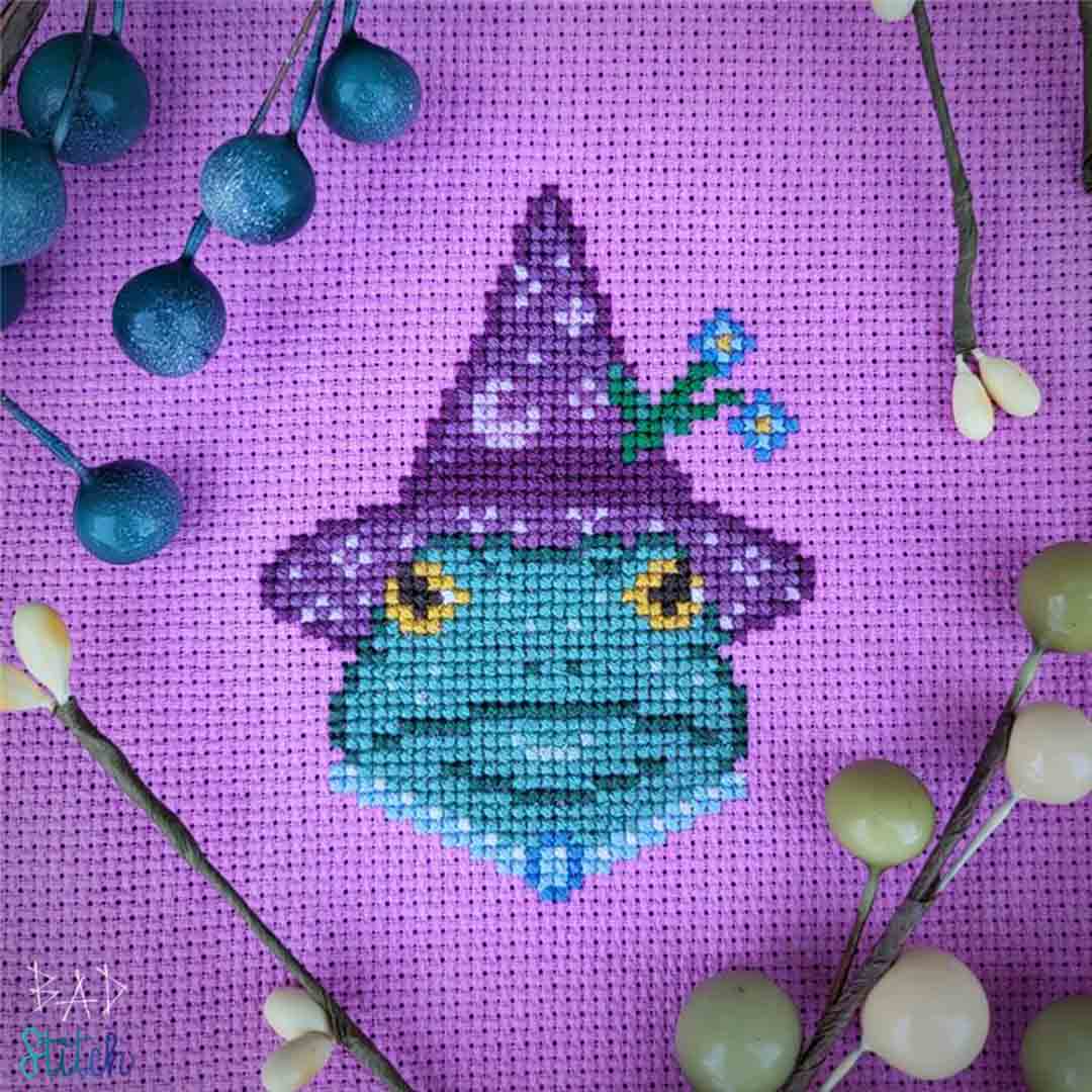 A stitched preview of the counted cross stitch pattern Resting Froggo Face by BAD Stitch