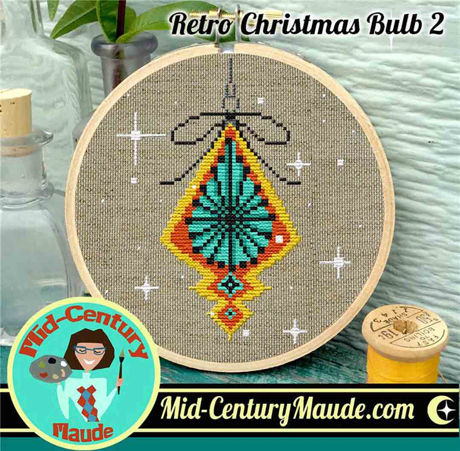 A stitched preview of the counted cross stitch pattern Retro Christmas Bulb 2 by Mid-Century Maude