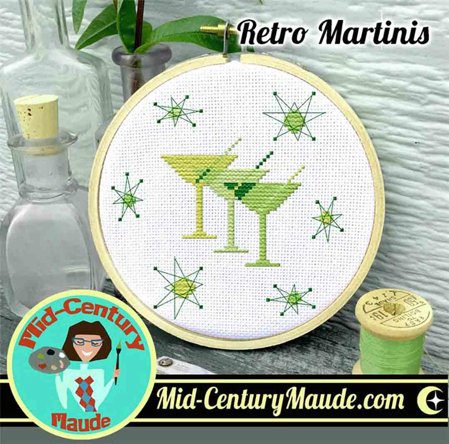 A stitched preview of the counted cross stitch pattern Retro Martinis by Mid-Century Maude