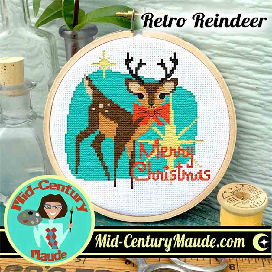 A stitched preview of the counted cross stitch pattern Retro Reindeer by Mid-Century Maude