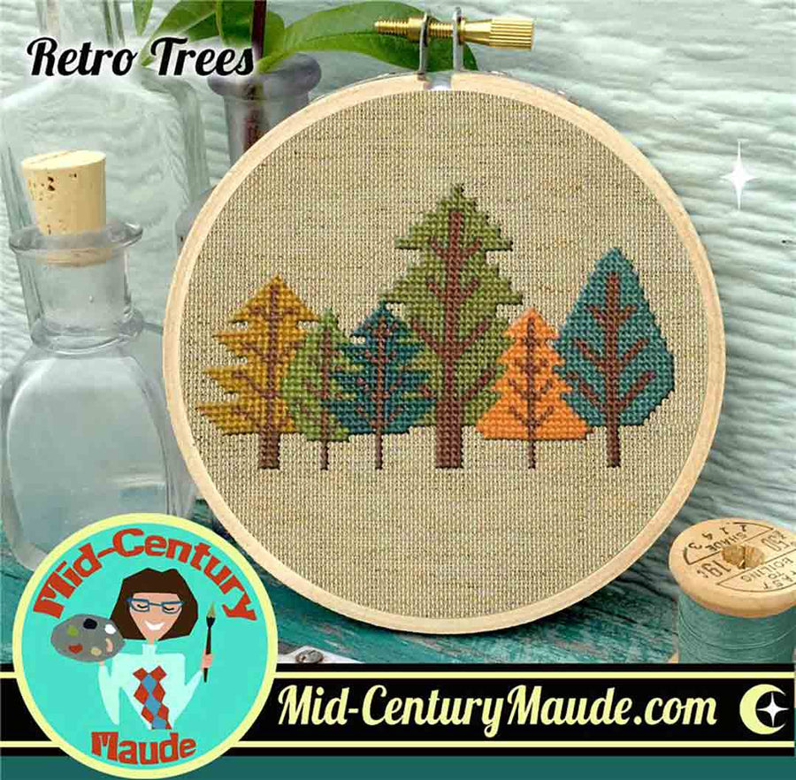 A stitched preview of the counted cross stitch pattern Retro Trees by Mid-Century Maude