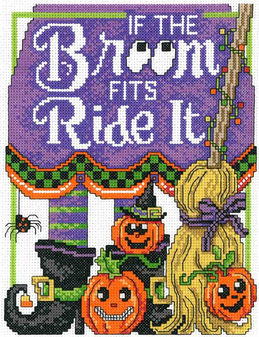 A stitched preview of the counted cross stitch pattern Ride The Broom by Diane Arthurs
