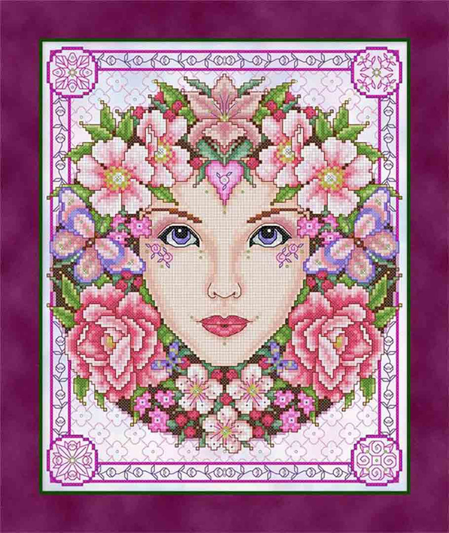 A stitched preview of the counted cross stitch pattern Rose Goddess by Joan A Elliott