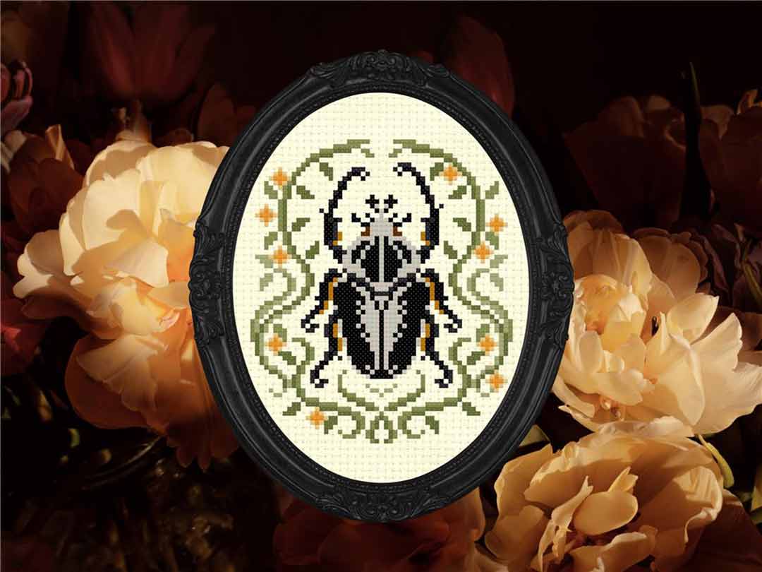 A stitched preview of the counted cross stitch pattern Royal Goliath Beetle by StitchSprout