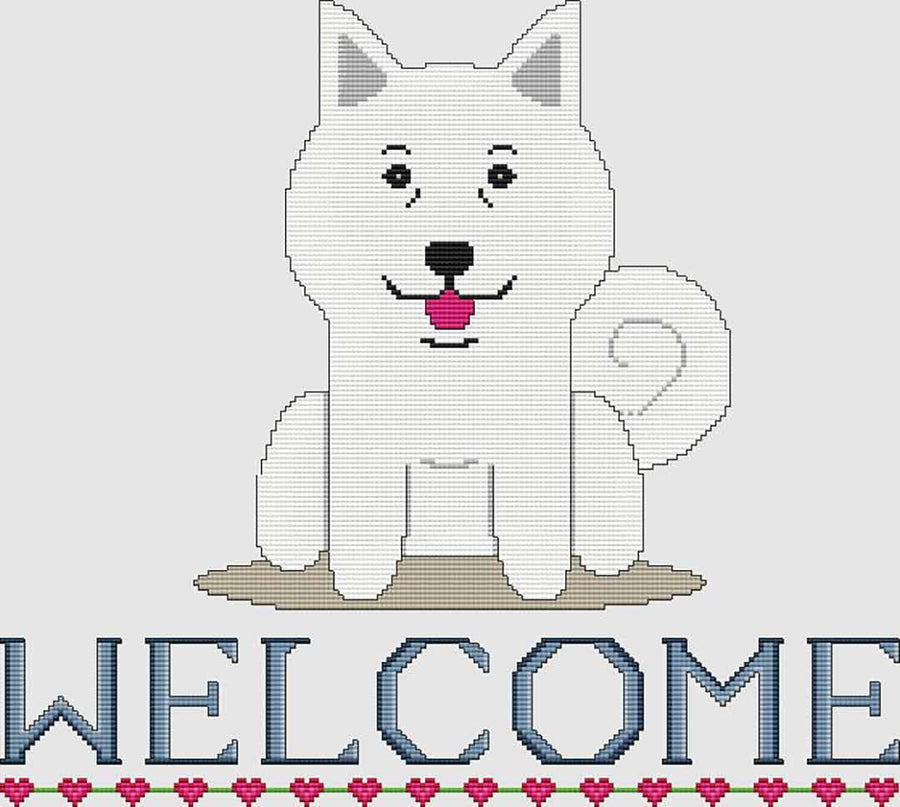 A stitched preview of the counted cross stitch pattern Samoyed Welcome by DogShoppe Designs
