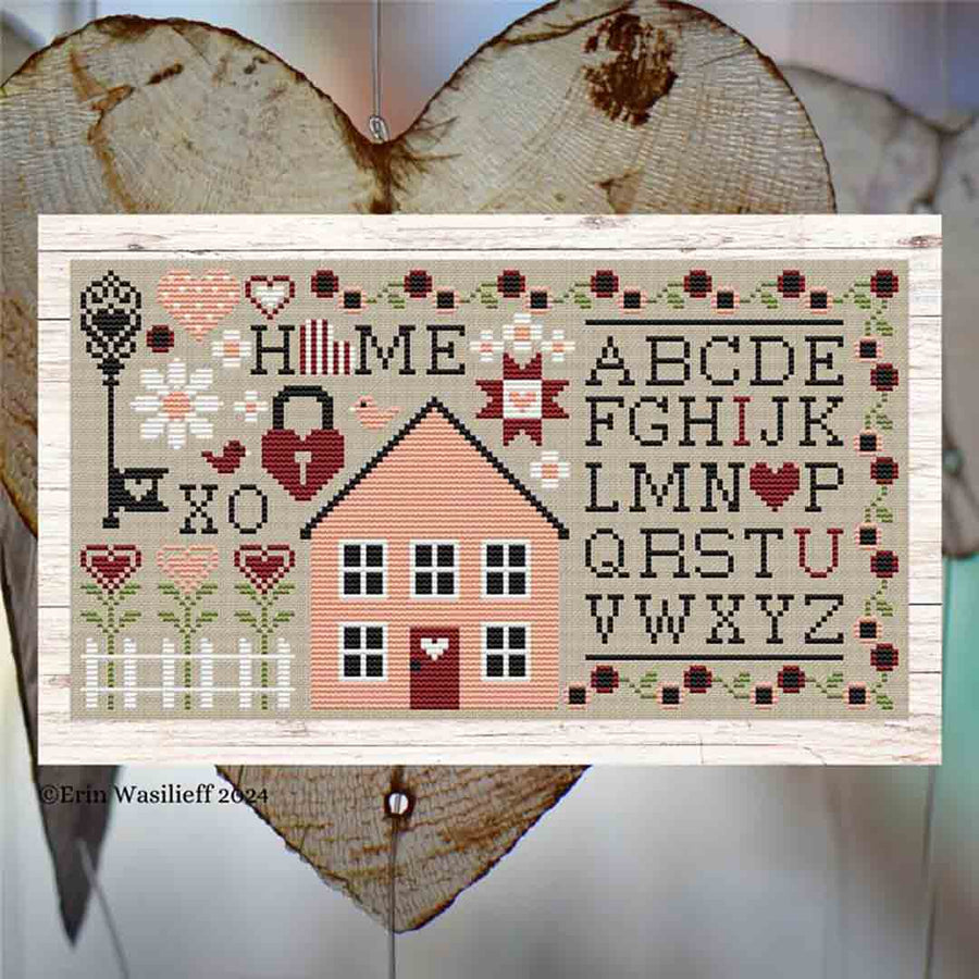 A stitched preview of the counted cross stitch pattern Sampler Of Love by Erin Elizabeth Designs