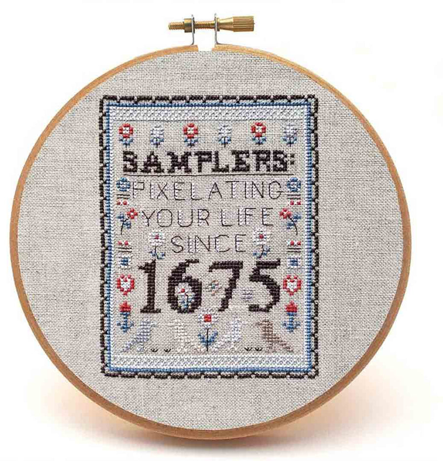 A stitched preview of the counted cross stitch pattern Samplers Since 1675 by Peacock & Fig