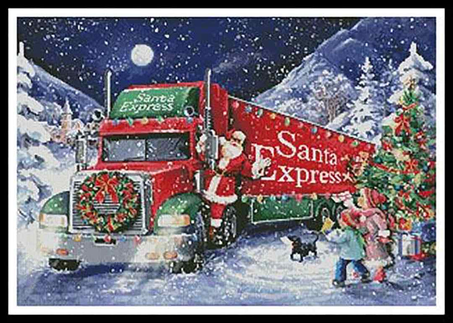 A stitched preview of the counted cross stitch pattern Santa Express by Artecy Cross Stitch