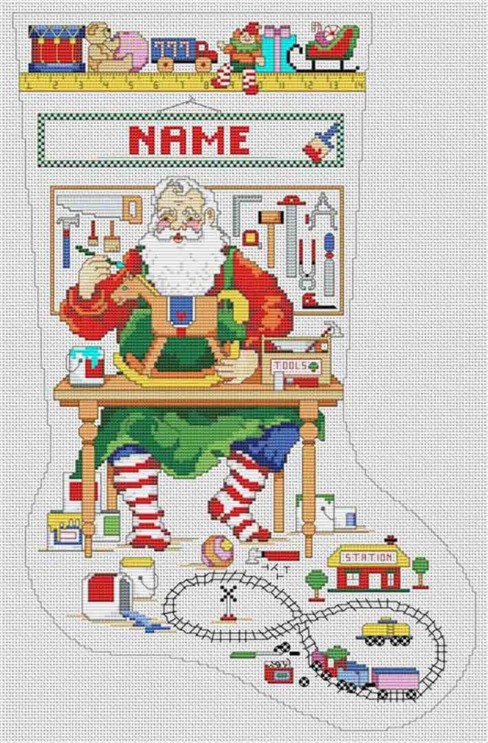 A stitched preview of the counted cross stitch pattern Santa In His Workshop Stocking by Kooler Design Studio