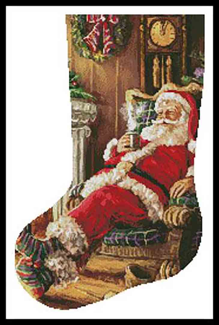 A stitched preview of the counted cross stitch pattern Santa Resting Stocking by Artecy Cross Stitch