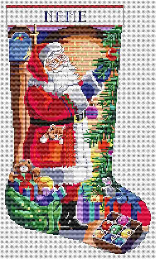 A stitched preview of the counted cross stitch pattern Santa With Tree Stocking by Kooler Design Studio