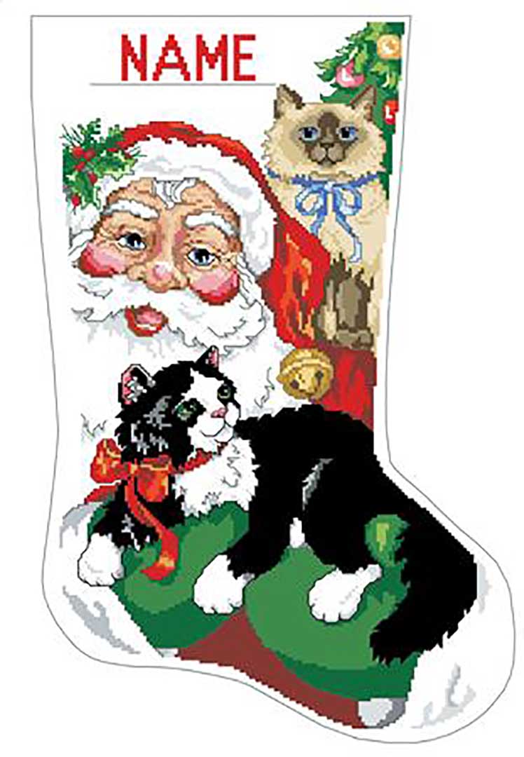 A stitched preview of the counted cross stitch pattern Santa's Furry Friends Stocking by Kooler Design Studio