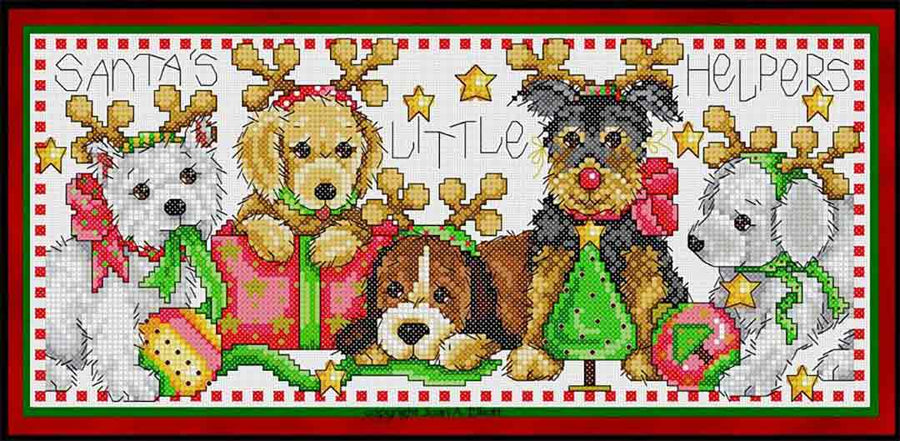 A stitched preview of the counted cross stitch pattern Santa's Little Helpers by Joan A Elliott