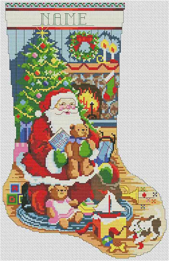 A stitched preview of the counted cross stitch pattern Santa's Visit Stocking by Kooler Design Studio