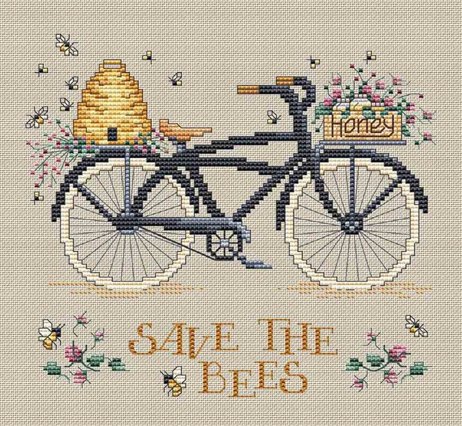 A stitched preview of the counted cross stitch pattern Save The Bees by Sue Hillis