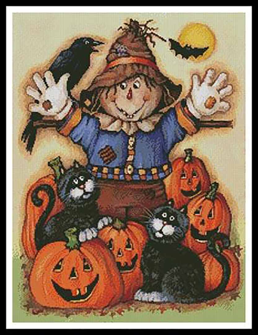 A stitched preview of the counted cross stitch pattern Scarecrows Halloween Pumpkin Patch by Artecy Cross Stitch
