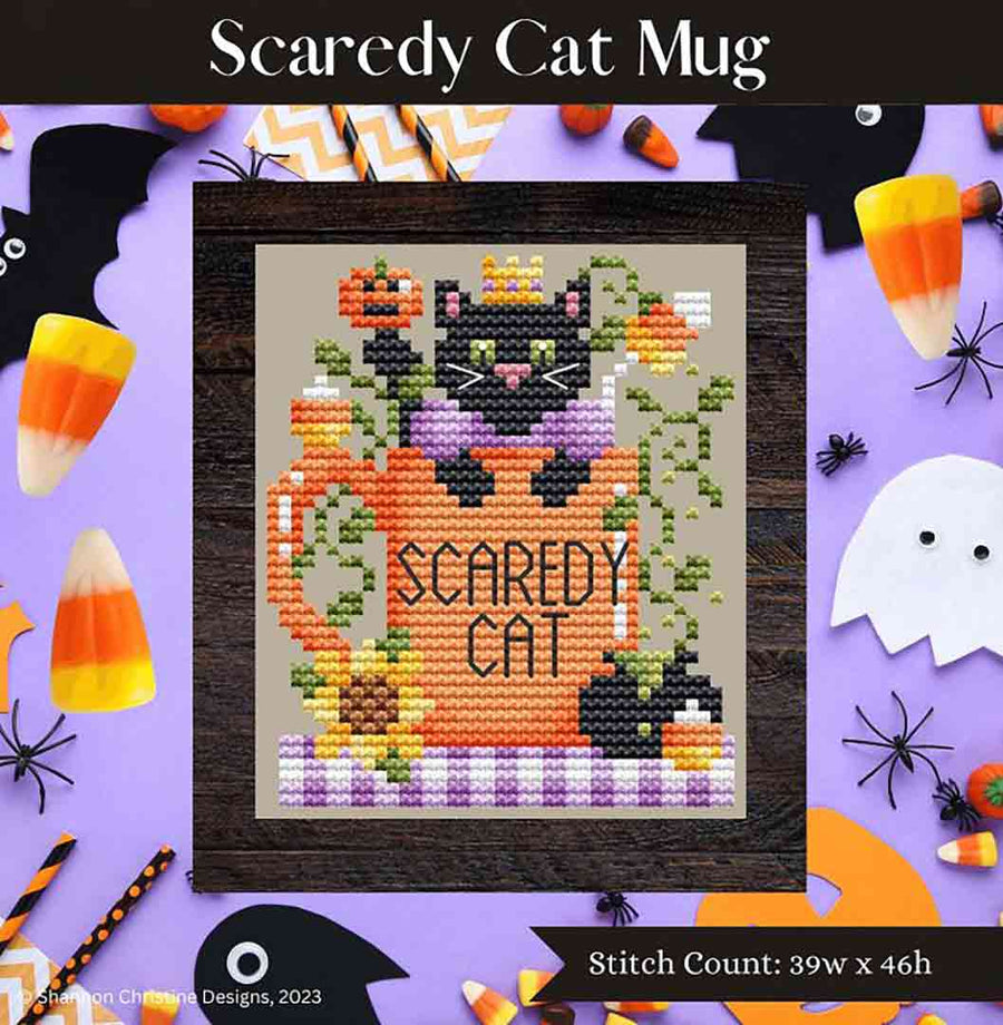 A stitched preview of the counted cross stitch pattern Scaredy Cat Mug by Shannon Christine Designs