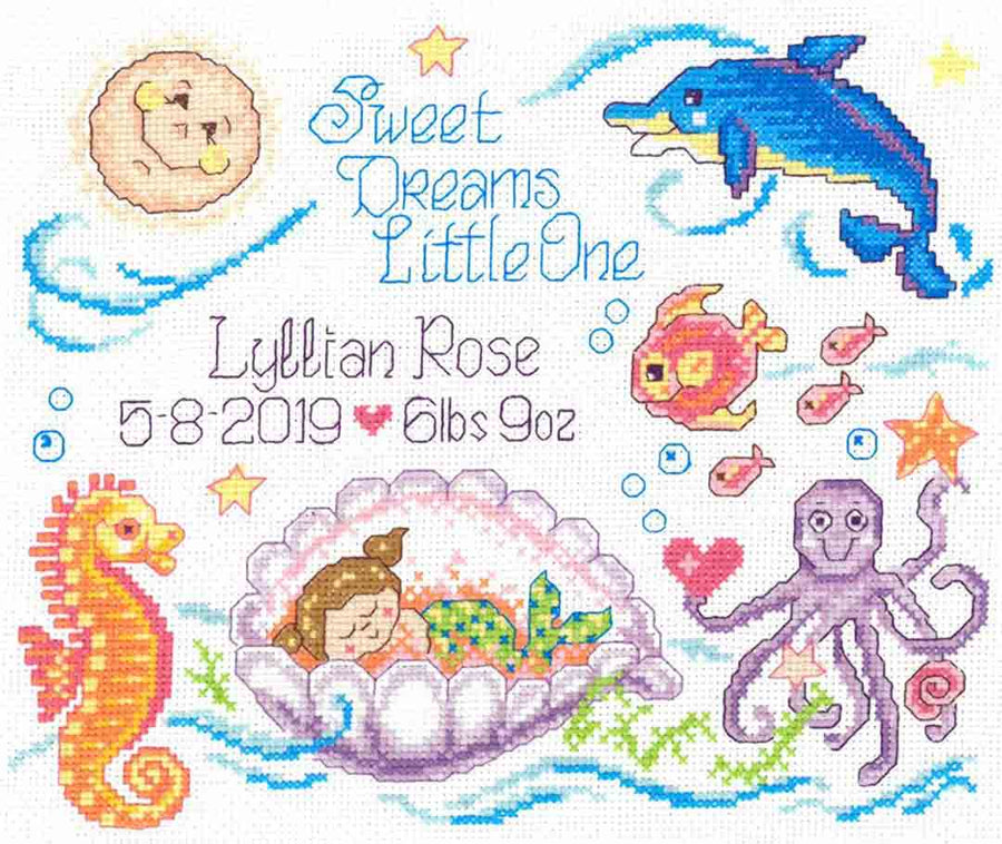 A stitched preview of the counted cross stitch pattern Sea Angels Birth Record by Ursula Michael