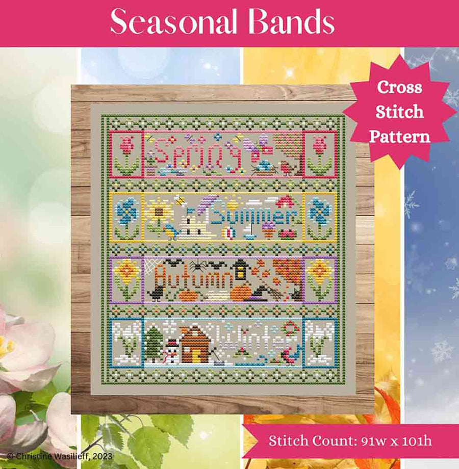 A stitched preview of the counted cross stitch pattern Seasonal Bands by Shannon Christine Designs
