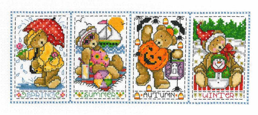 A stitched preview of the counted cross stitch pattern Seasonal Teddies by Joan A Elliott