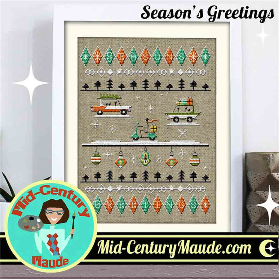 A stitched preview of the counted cross stitch pattern Season's Greetings by Mid-Century Maude