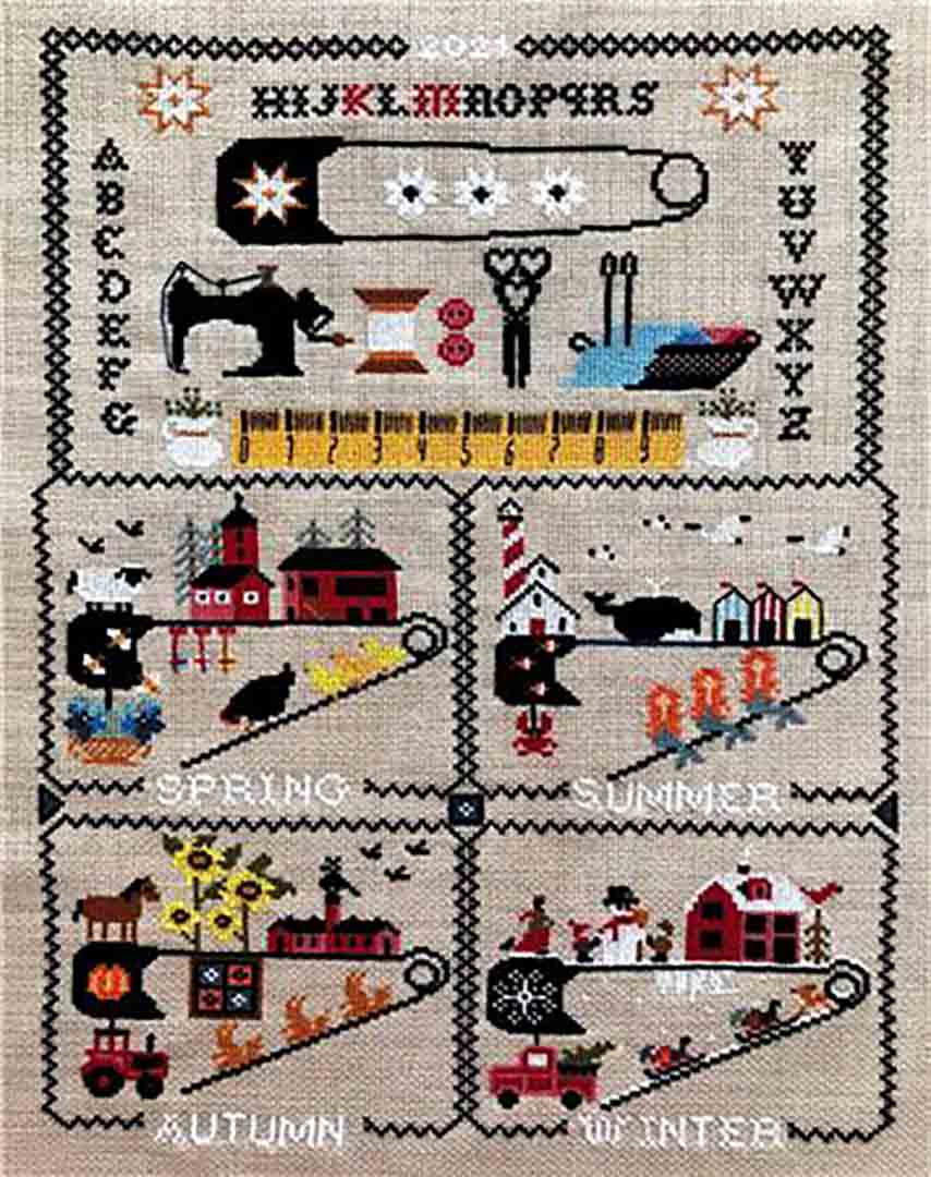 A stitched preview of the counted cross stitch pattern Seasons Of Safety Pin by Twin Peak Primitives