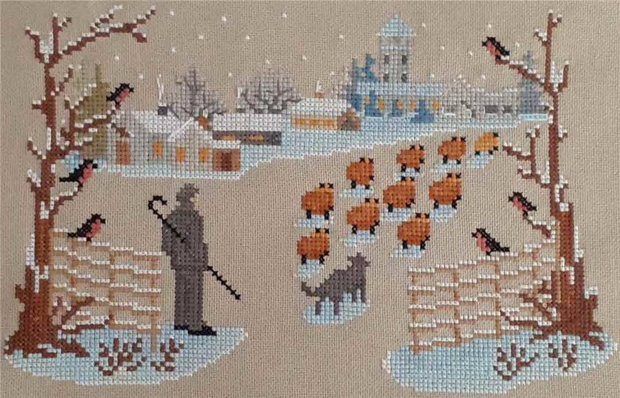 A stitched preview of the counted cross stitch pattern Serenity Of Winter by Twin Peak Primitives