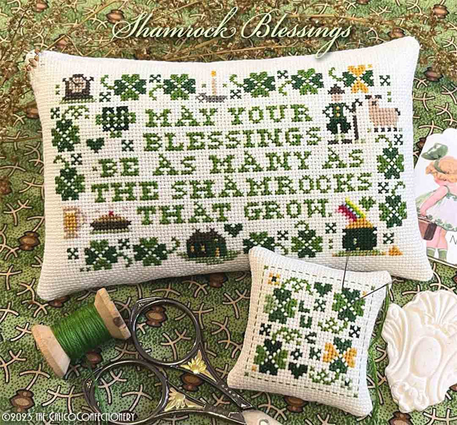 A stitched preview of the counted cross stitch pattern Shamrock Blessings by The Calico Confectionery