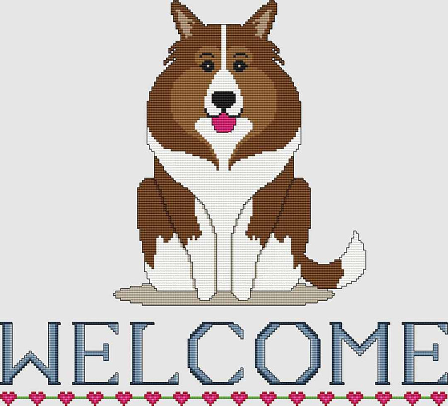 A stitched preview of the counted cross stitch pattern Shetland Sheepdog Welcome by DogShoppe Designs