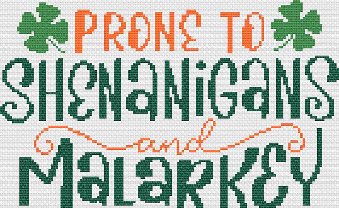 A stitched preview of the counted cross stitch pattern and kit "Shenanigans" by Stitch Wit