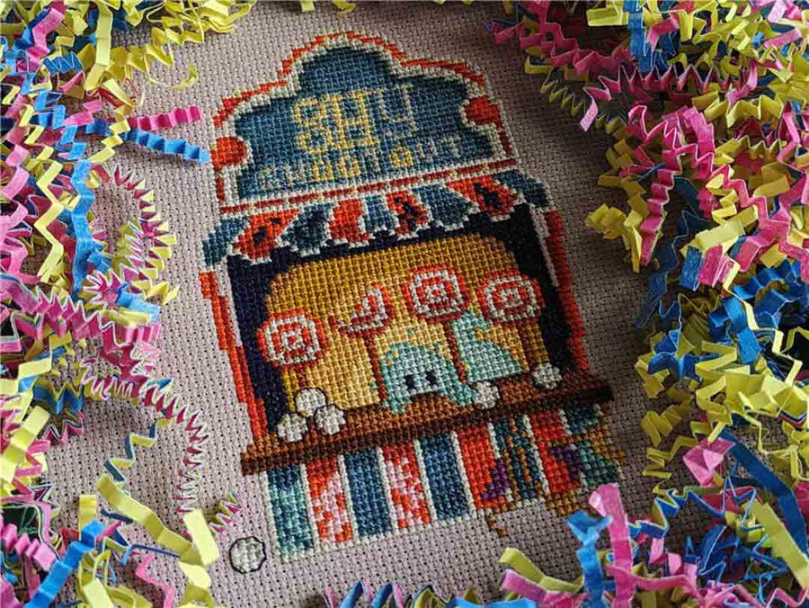A stitched preview of the counted cross stitch pattern Shy Shootout / Dark Carnival by StitchSprout