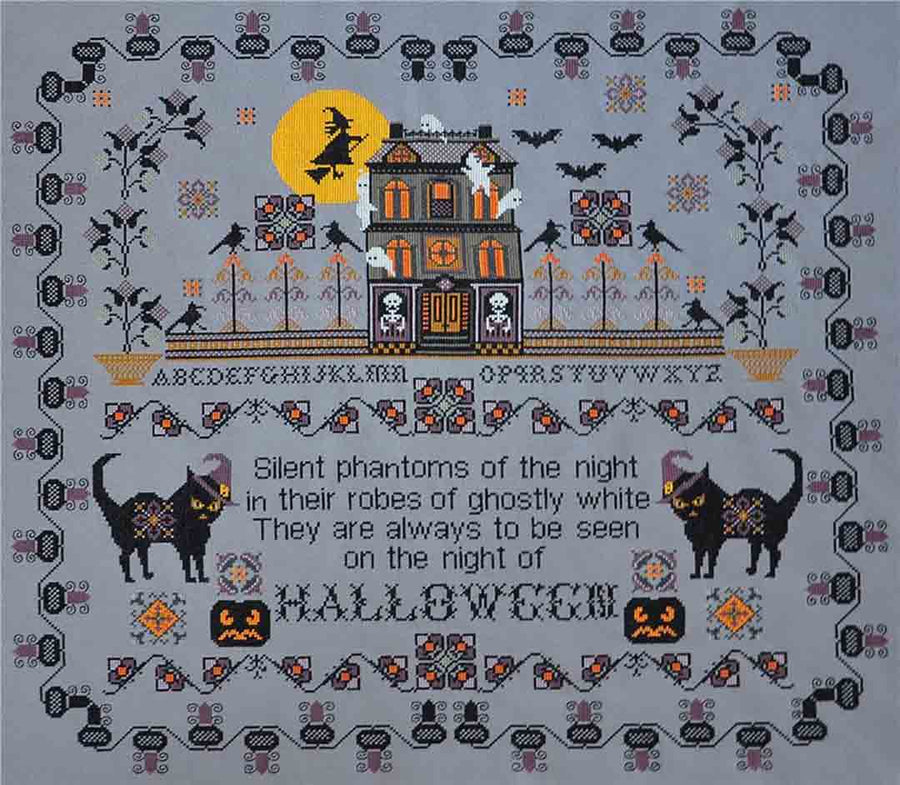 A stitched preview of the counted cross stitch pattern Silent Phantom Of The Night by Twin Peak Primitives