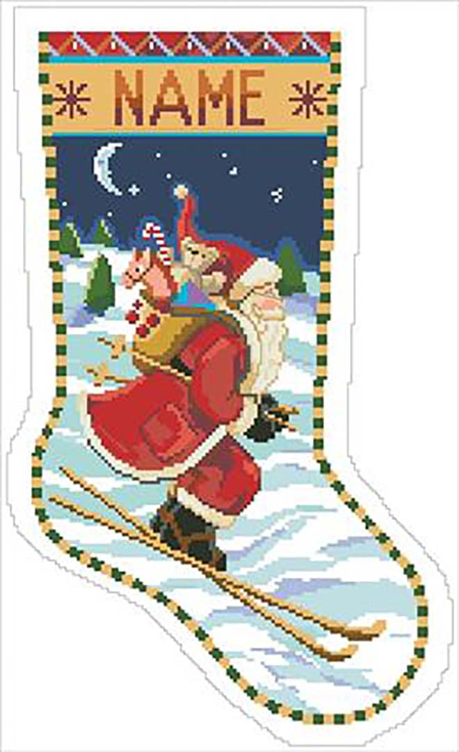 A stitched preview of the counted cross stitch pattern Skiing Santa Stocking by Kooler Design Studio