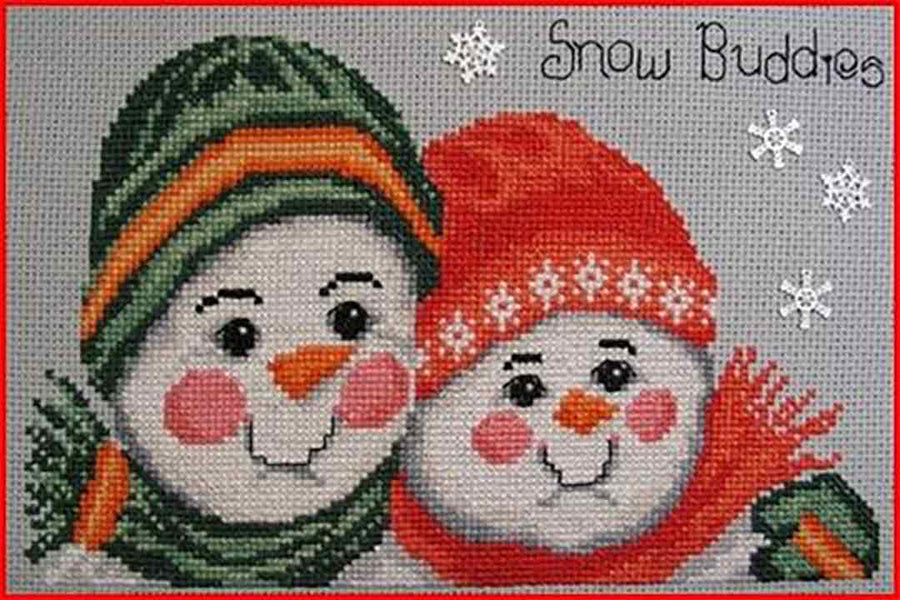 A stitched preview of the counted cross stitch pattern Snow Buddies by Janis Lockhart