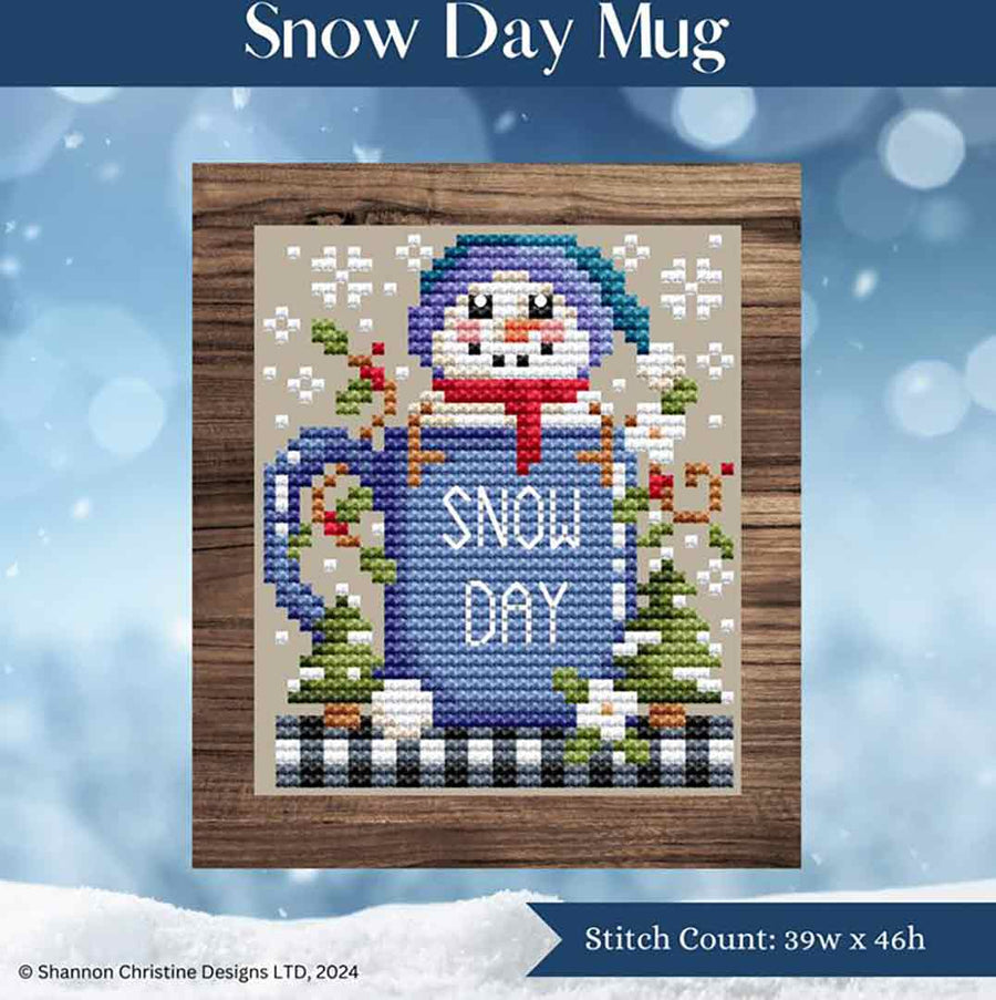 A stitched preview of the counted cross stitch pattern Snow Day Mug by Shannon Christine Designs