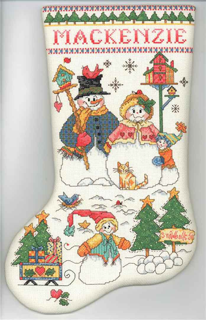A stitched preview of the counted cross stitch pattern Snow Day Stocking by Robin Kingsley