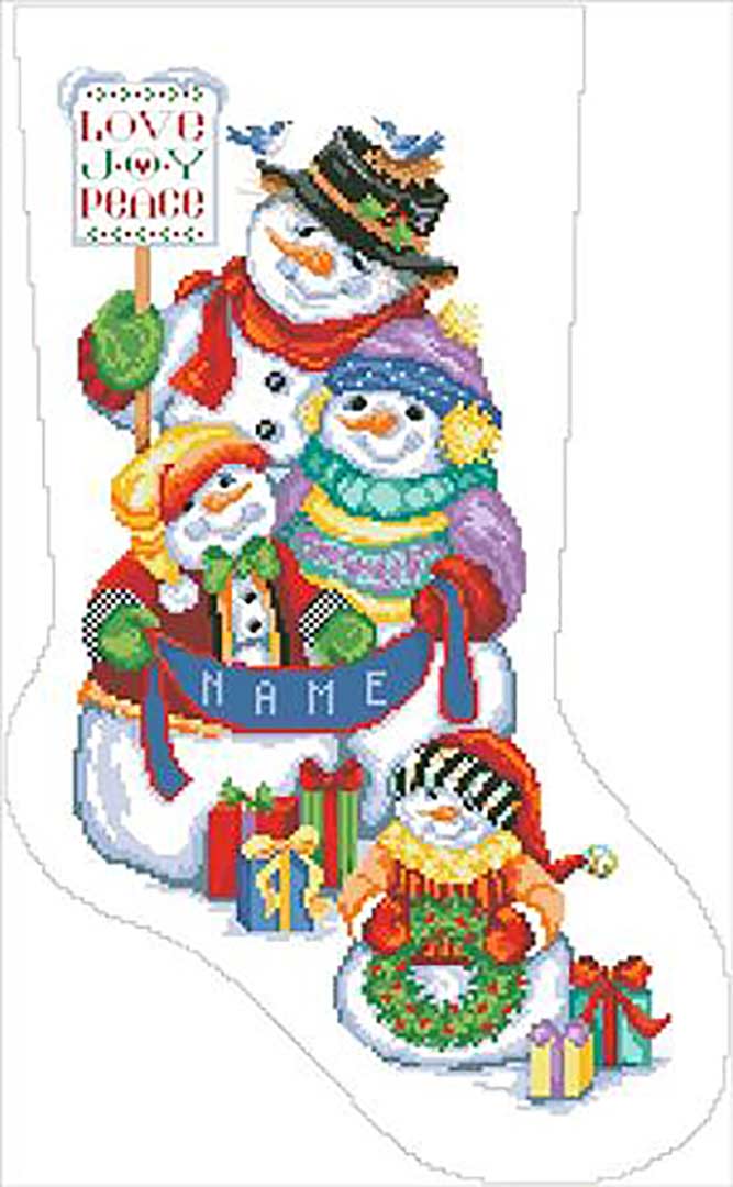 A stitched preview of the counted cross stitch pattern Snow Folks Stocking by Kooler Design Studio