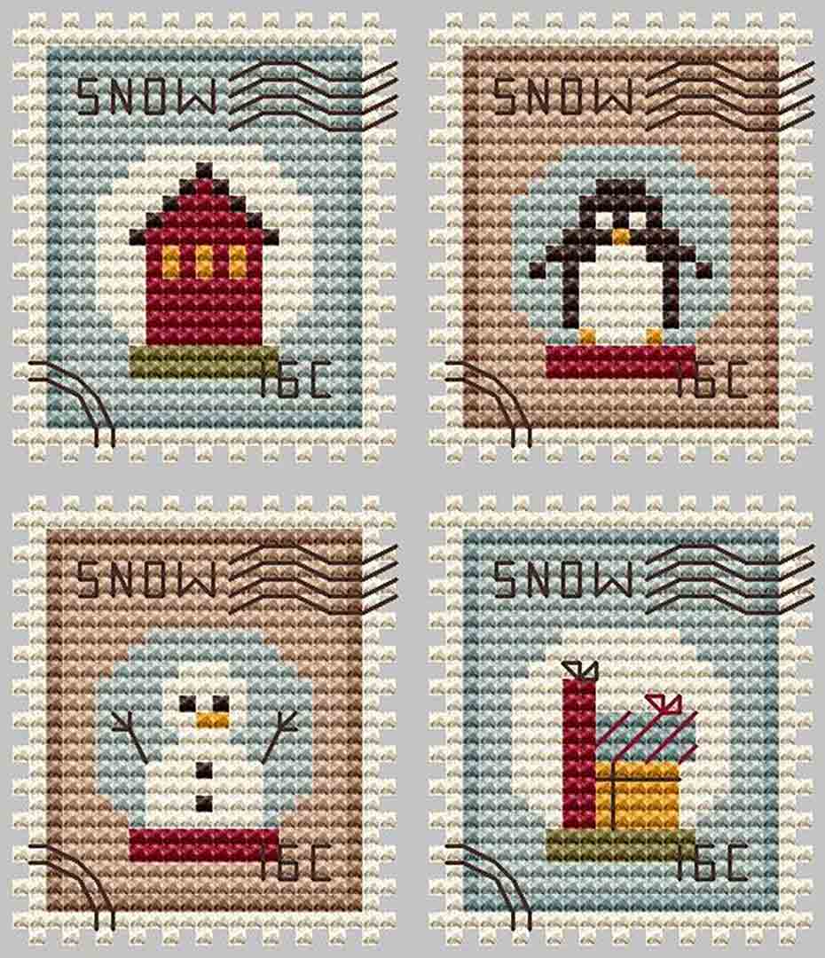 A stitched preview of the counted cross stitch pattern Snow Globe Postage Stamps by Kate Spiridonova