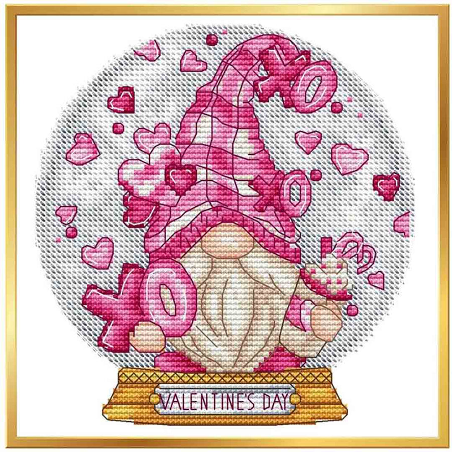 A stitched preview of the counted cross stitch pattern Snow Globe Valentine Gnome by Les Petites Croix De Lucie