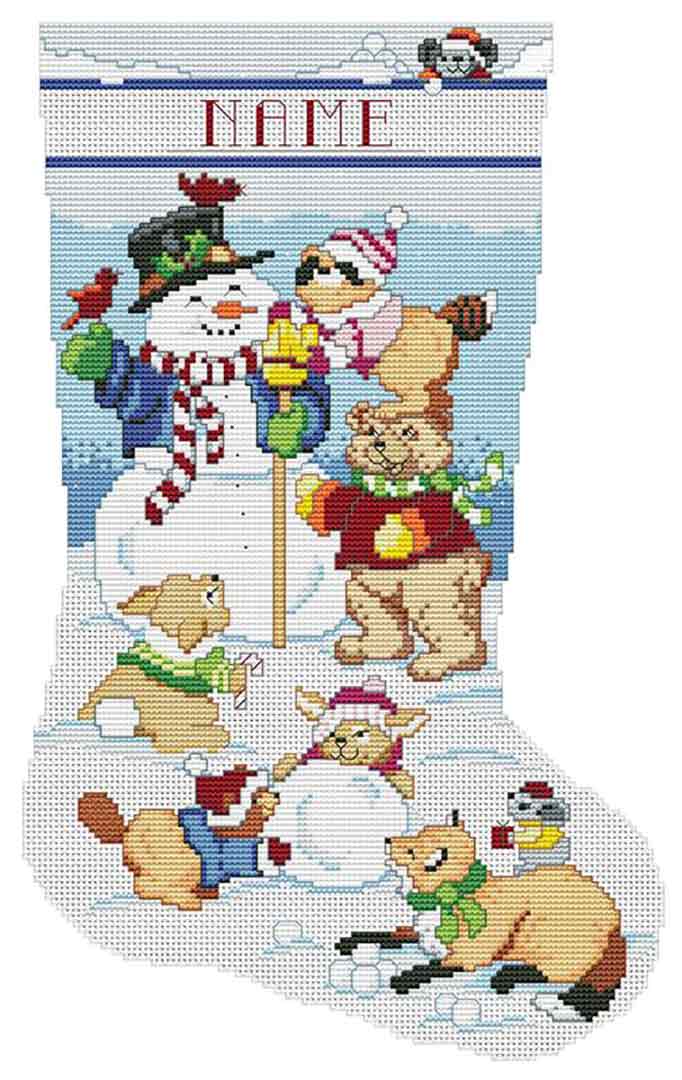 A stitched preview of the counted cross stitch pattern Snowman And Animals Stocking by Kooler Design Studio