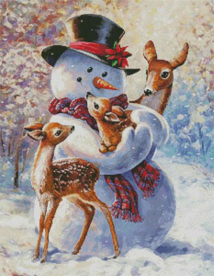 A stitched preview of the counted cross stitch pattern Snowman And Fawns by Artecy Cross Stitch