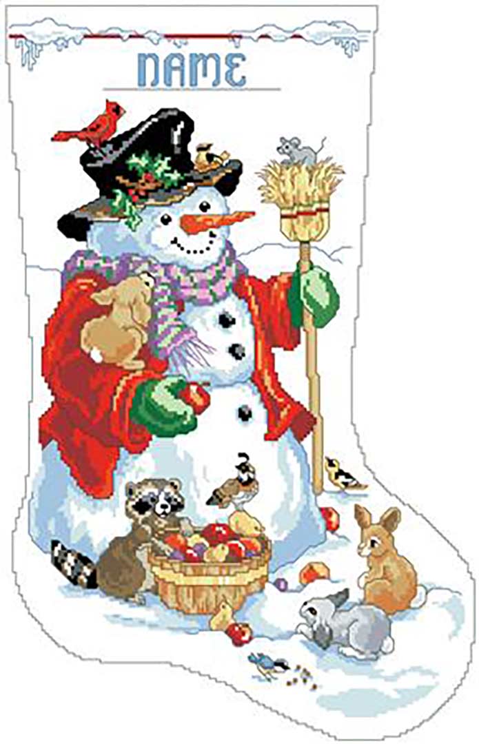 A stitched preview of the counted cross stitch pattern Snowman And Friends Stocking by Kooler Design Studio