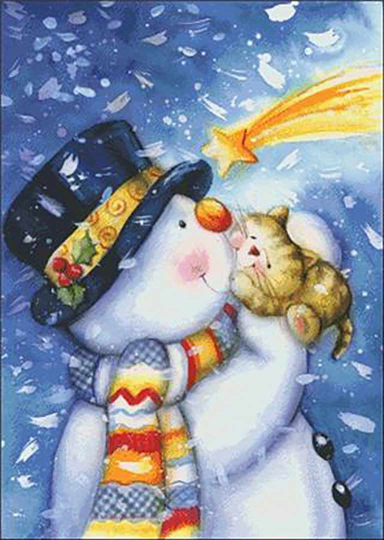 A stitched preview of the counted cross stitch pattern Snowman Kisses by Charting Creations