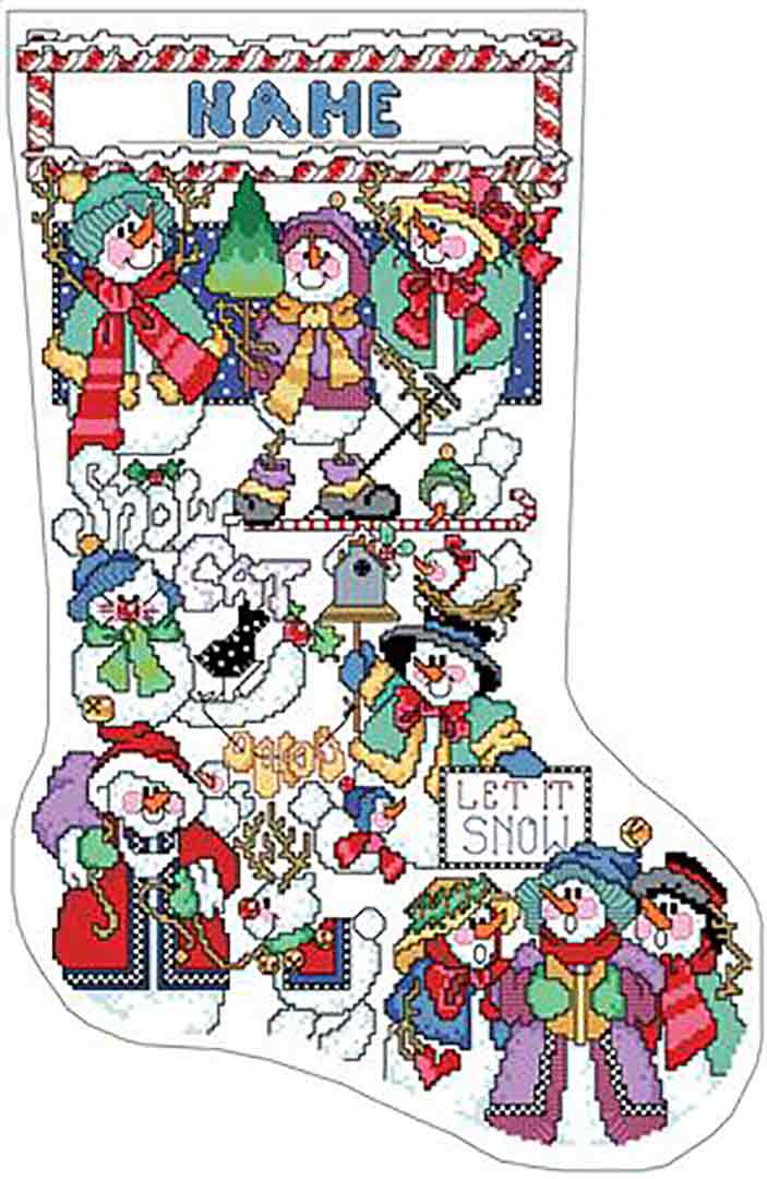 A stitched preview of the counted cross stitch pattern Snowman Sampler Stocking by Kooler Design Studio