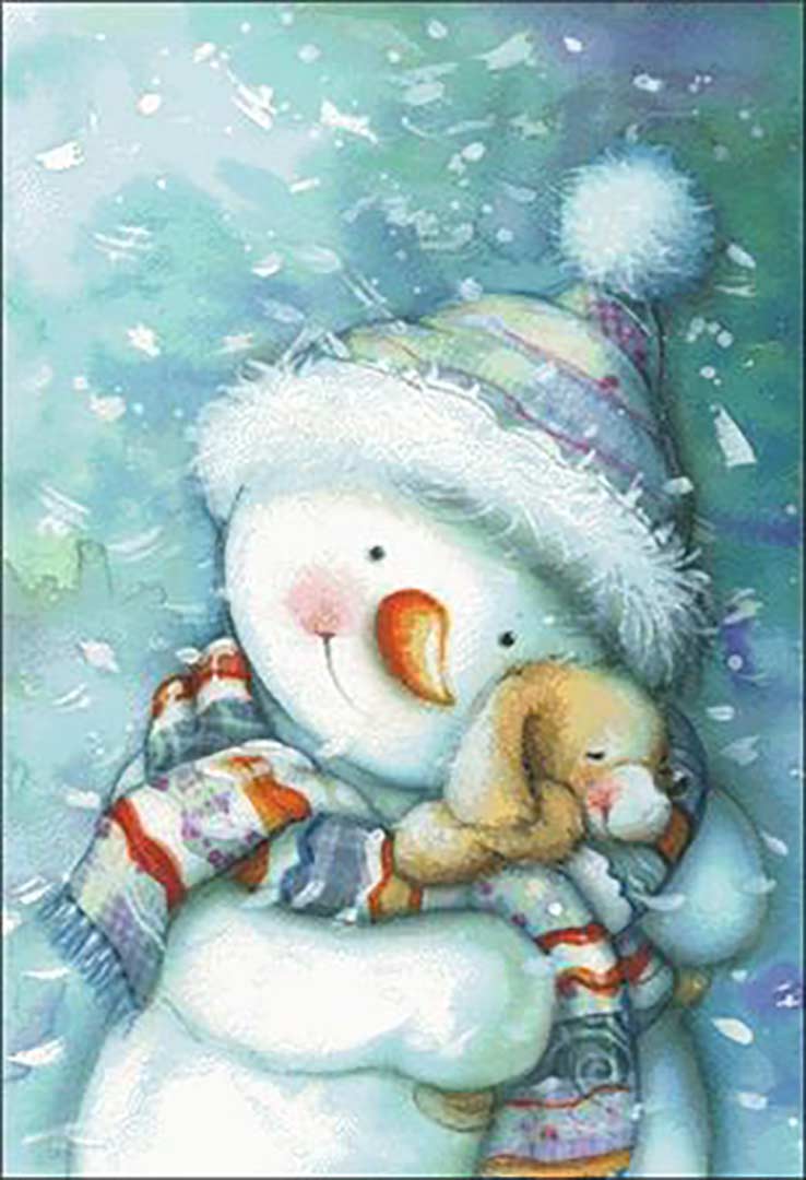 A stitched preview of the counted cross stitch pattern Snowman Snuggles by Charting Creations