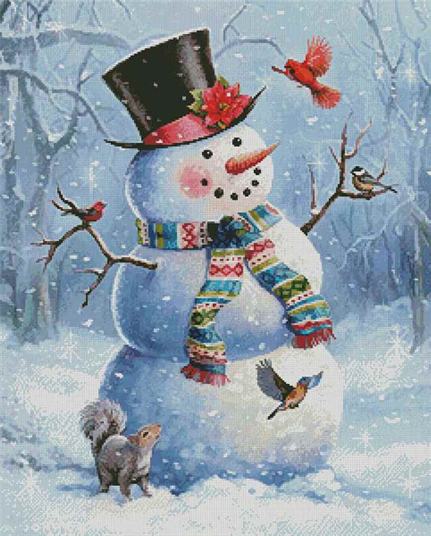 A stitched preview of the counted cross stitch pattern Snowman and Friends by Artecy Cross Stitch