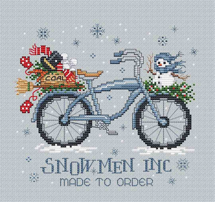 A stitched preview of the counted cross stitch pattern Snowmen Inc by Sue Hillis