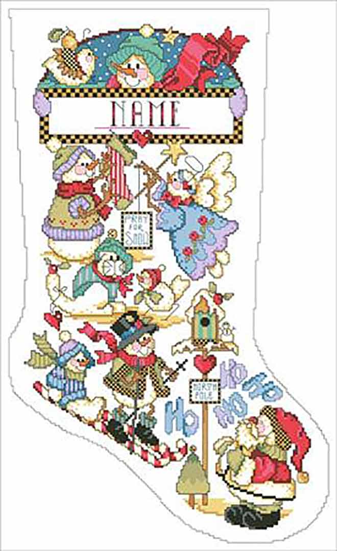 A stitched preview of the counted cross stitch pattern Snowmen Playing Stocking by Kooler Design Studio
