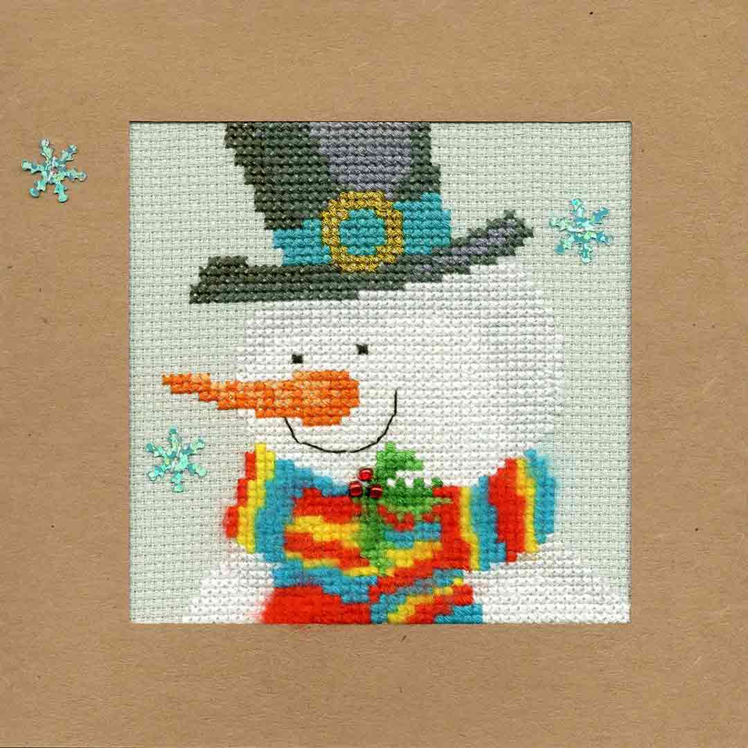 Stitched preview of Christmas Card - Snowy Man Counted Cross Stitch Kit