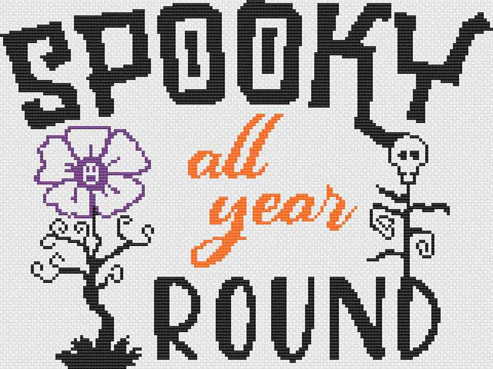 A stitched preview of the counted cross stitch pattern and kit "Spooky All Year" by Stitch Wit